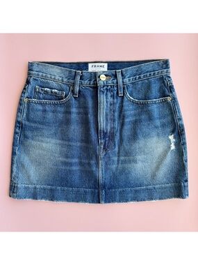 Sz 27 FRAME Blind Stitch Denim Medium Wash Mini Skirt In Kildare Wash GUC